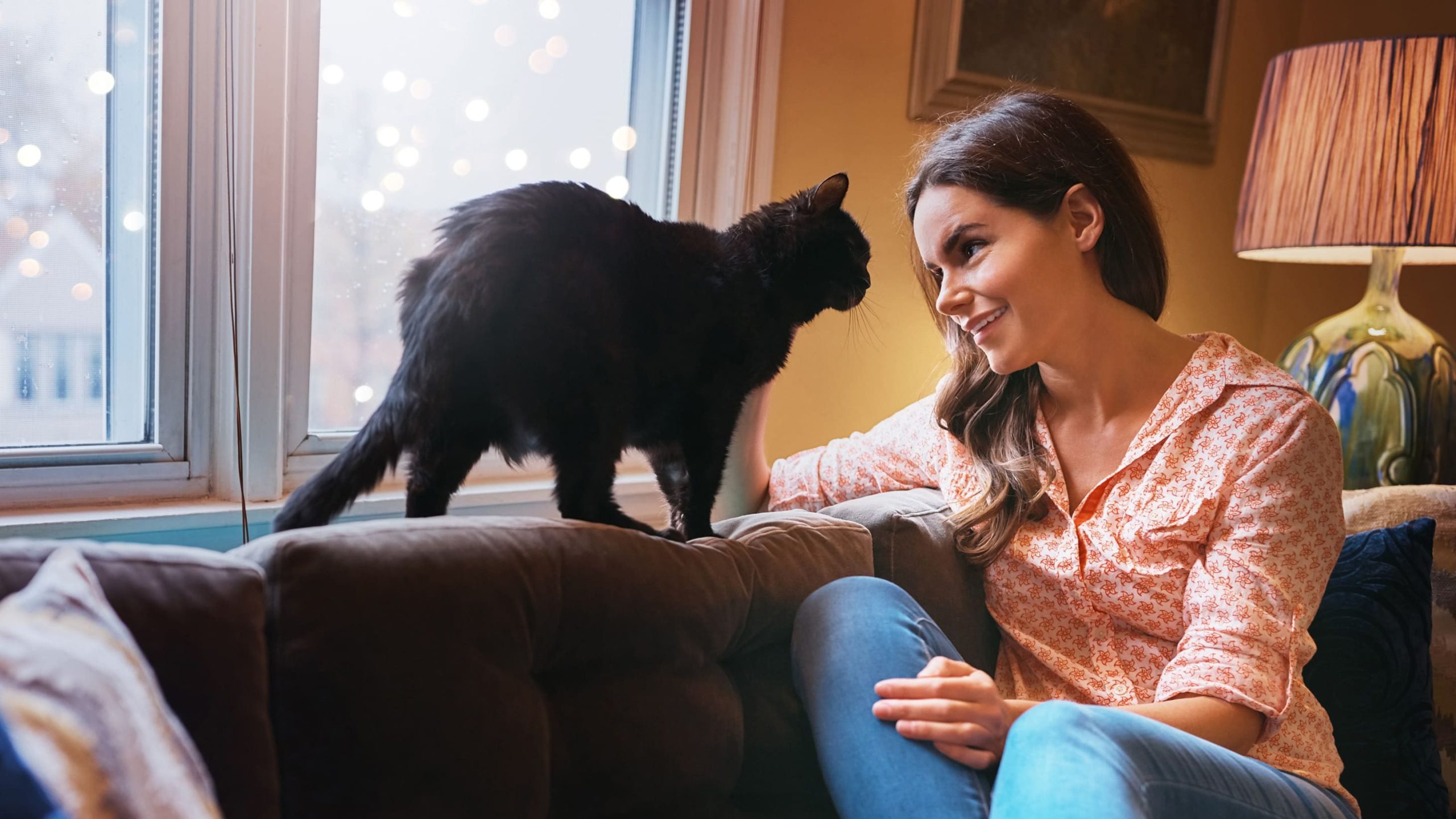 Femme assise sur un canapé caressant son chat noir près d’une fenêtre dans un salon chaleureux.