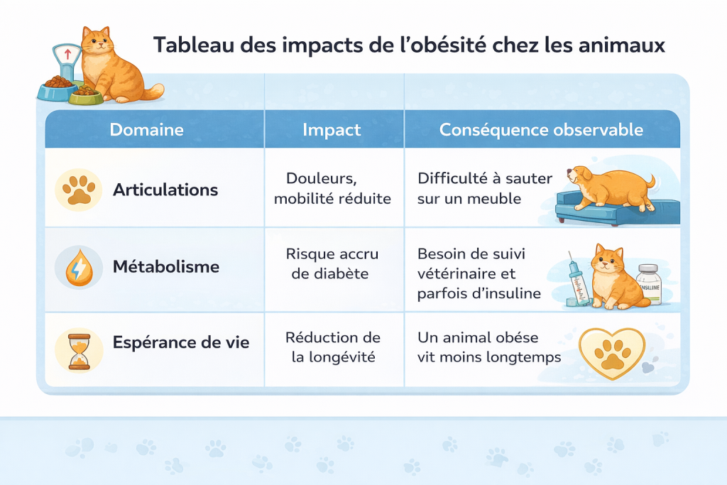 Infographie intitulée “Tableau des impacts de l’obésité chez les animaux”. Le tableau comporte trois colonnes : Domaine, Impact et Conséquence observable.
Première ligne : Domaine “Articulations” avec comme impact des douleurs et une mobilité réduite. La conséquence observable est une difficulté pour l’animal à sauter sur un meuble.
Deuxième ligne : Domaine “Métabolisme” avec un risque accru de diabète. La conséquence observable est un besoin de suivi vétérinaire et parfois de traitements à l’insuline.
Troisième ligne : Domaine “Espérance de vie” avec une réduction de la longévité. La conséquence observable est qu’un animal obèse vit moins longtemps.
L’infographie est illustrée par des dessins de chats et d’un chien représentant ces situations.